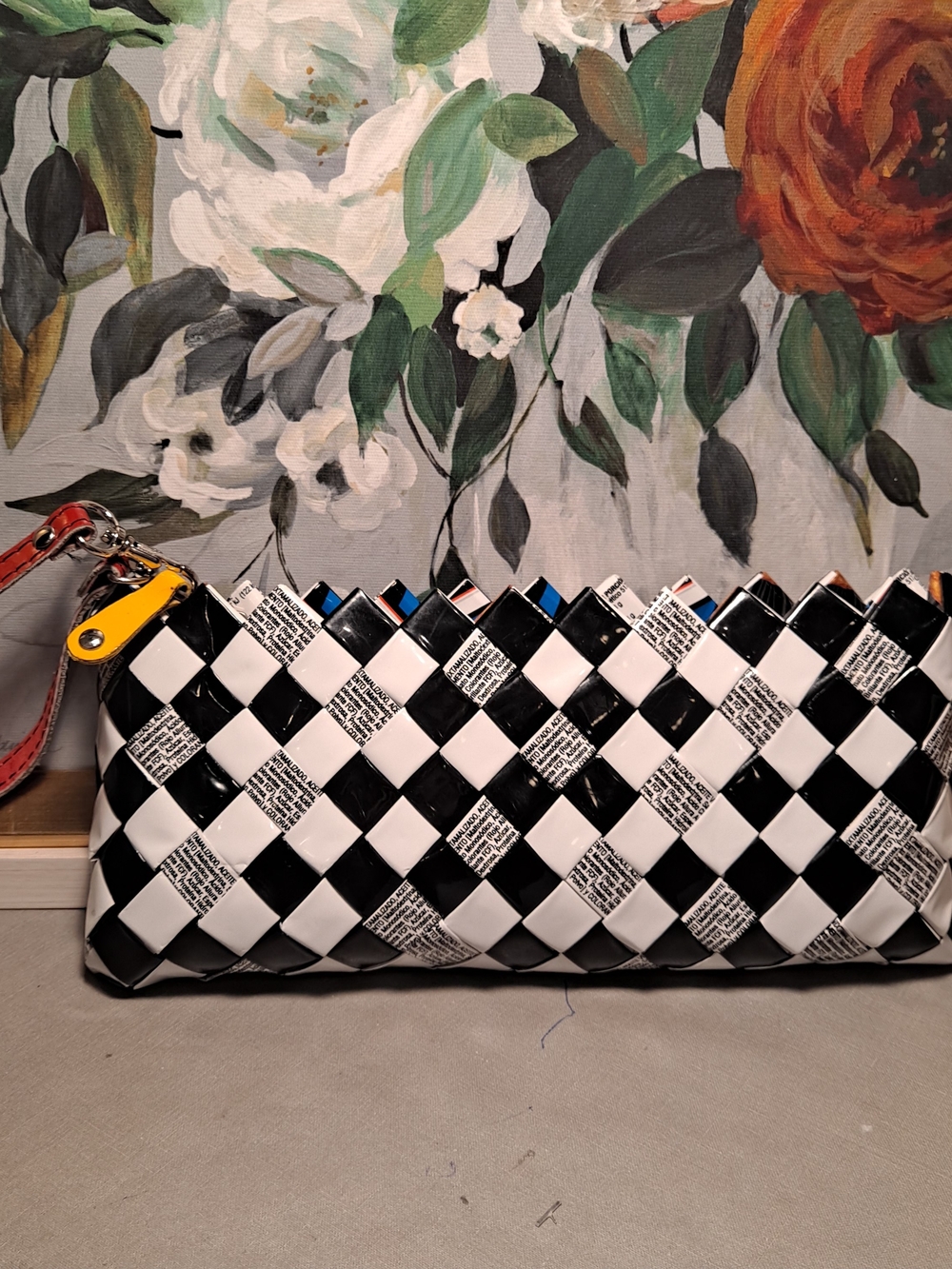 Nahui Ollin Black & White Woven Checker Upcycled Material Clutch Wristlet